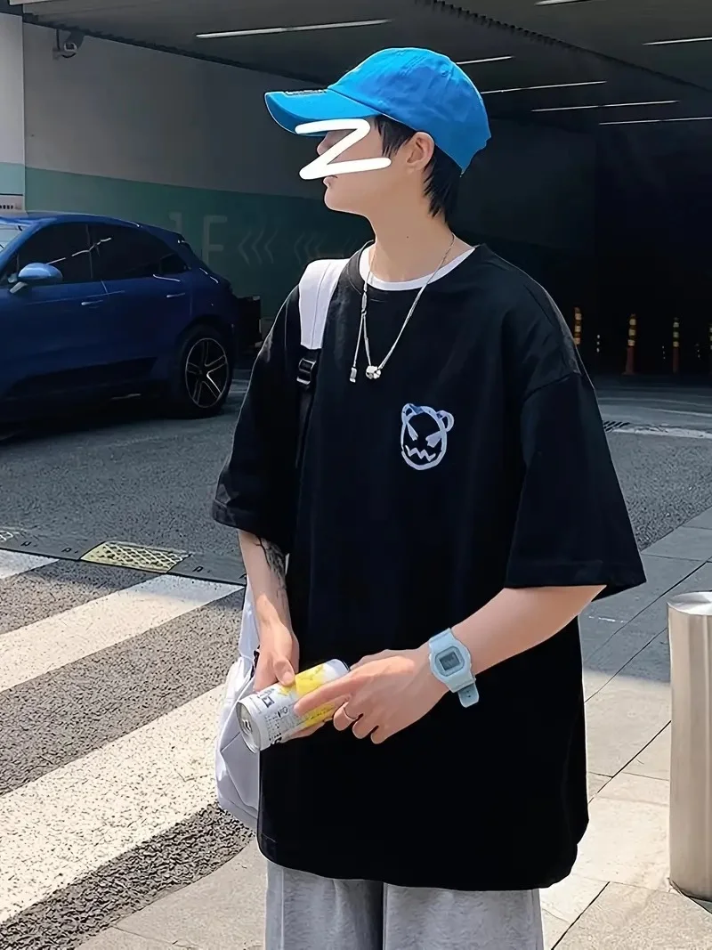 20/1 Penye Compack Bisiklet Yaka Kore tarzı sevimli ayı baskı Kısa Kol   t-shirt - Siyah -