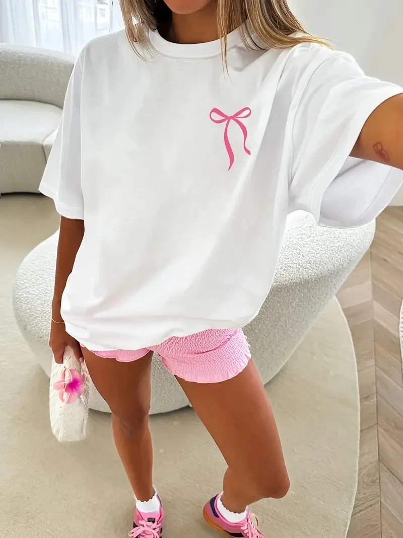 Fiyonk Ön Arka Baskılı Oversize Bisiklet Yaka T-shirt Yazlık - Beyaz -