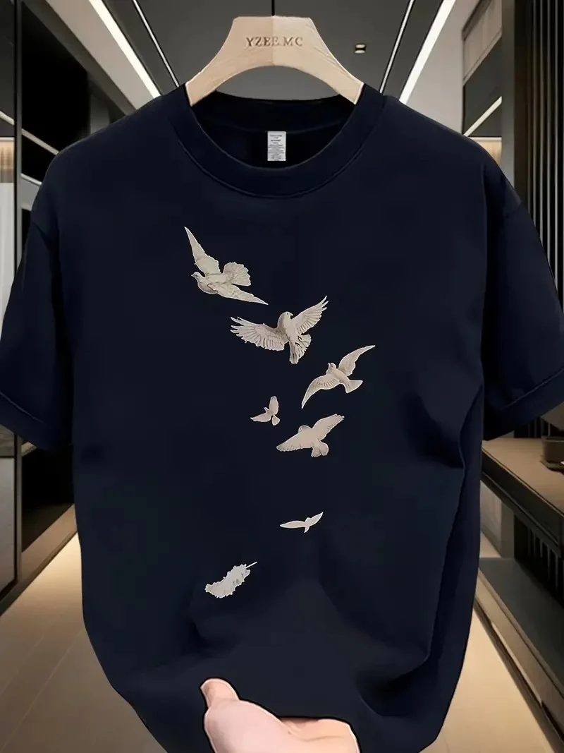 20/1 Penye Compack Özgür kuşlar Baskılı Baskılı Oversize Bisiklet Yaka T-shirt - Beyaz -