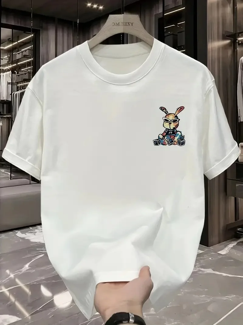 güneş Gözlüğü Grafikli Karikatür Tavşan Oversize Kısa Kollu Çift Tişört, Beyaz -