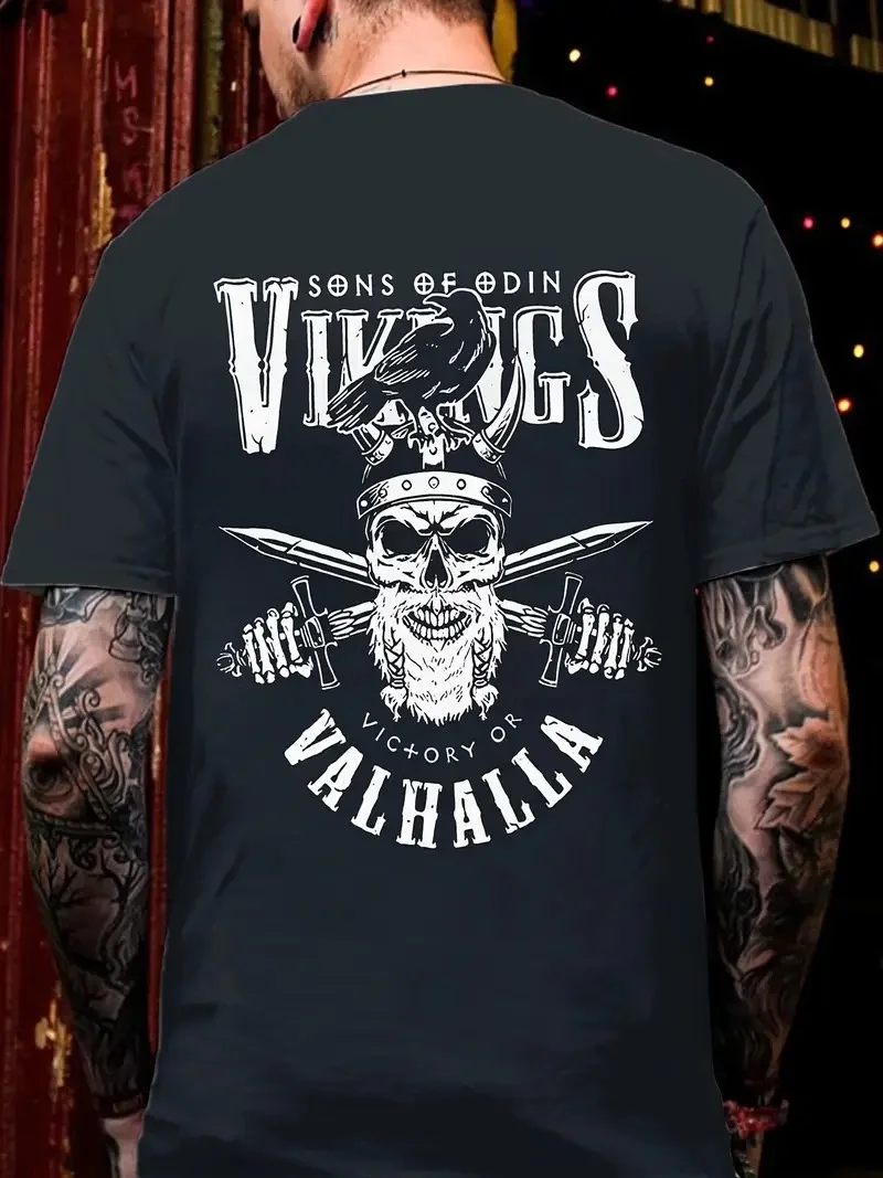 20/1 Penye Compack Vikings Valhalla Baskılı Oversize Bisiklet Yaka T-shirt - Siyah -