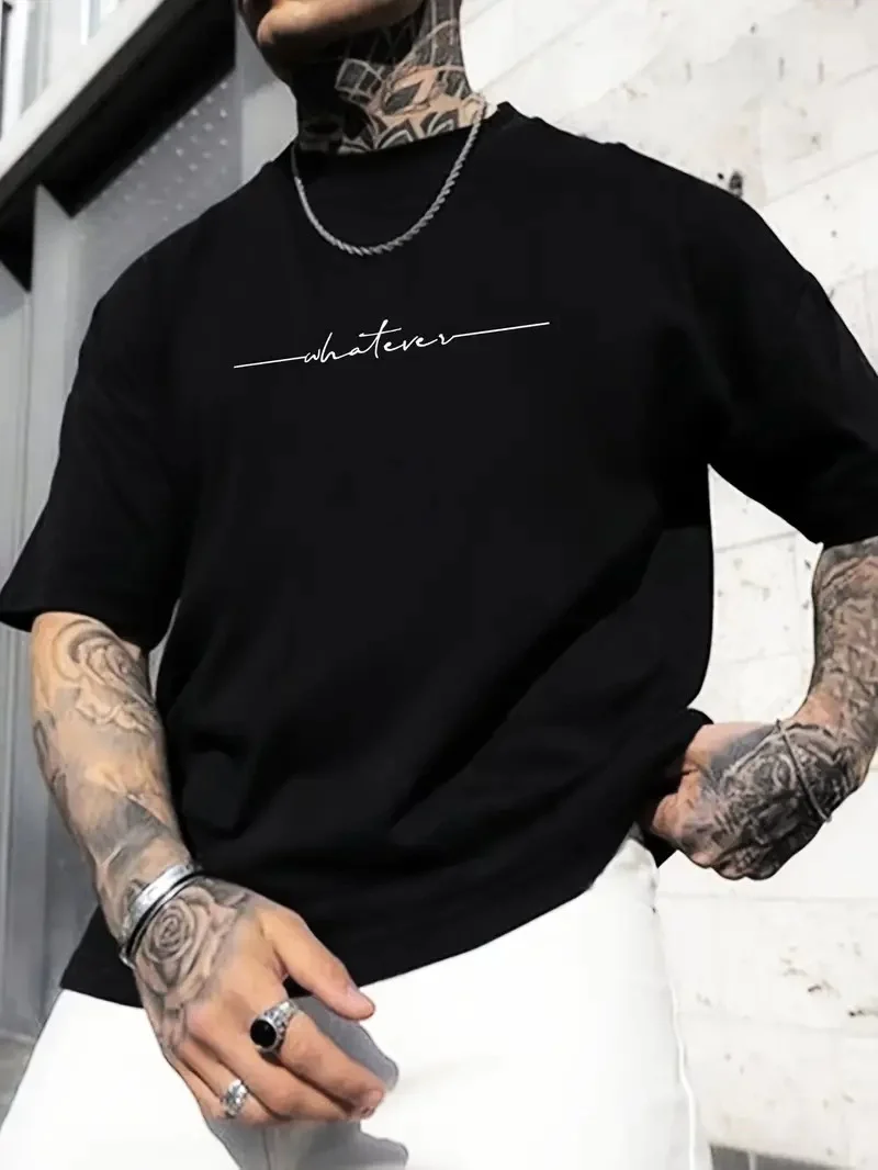 Büyük Beden   "Whatever" Baskılı Tişört, Oversize- Siyah -