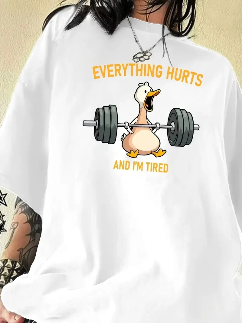 Ördek Baskılı ve Yuvarlak Yakalı   Günlük Büyük Boy Siyah Tişört. - Beyaz -