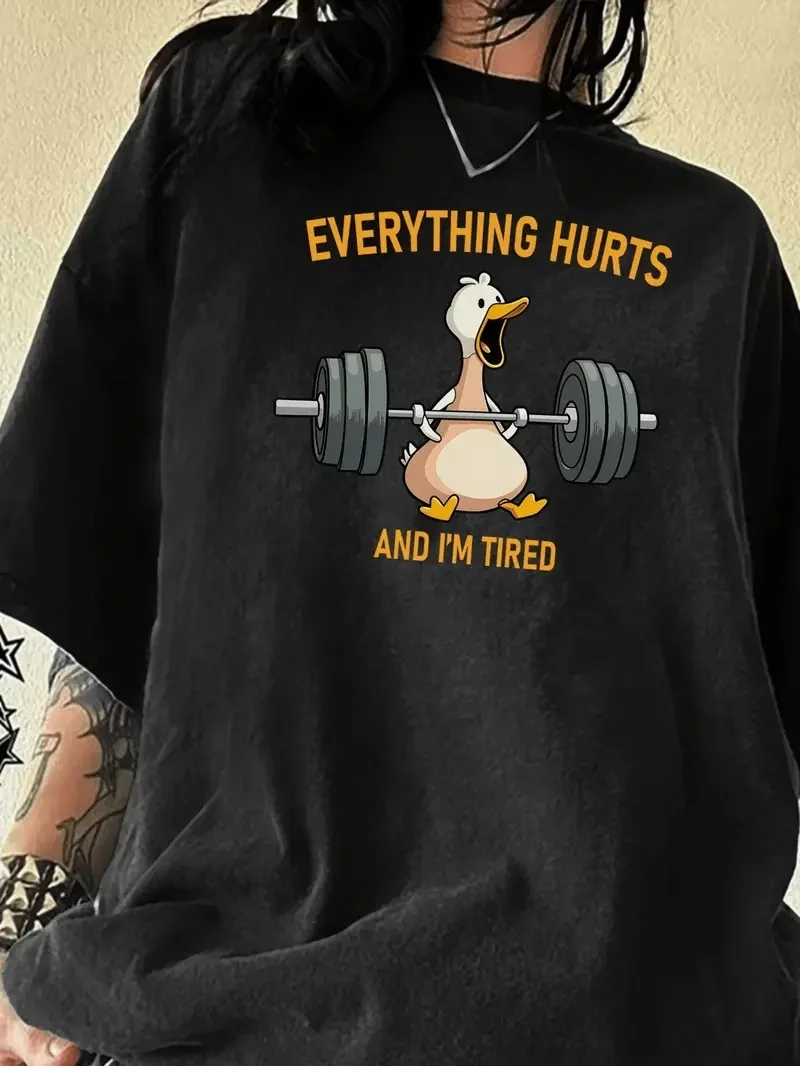 Ördek Baskılı ve Yuvarlak Yakalı   Günlük Büyük Boy Siyah Tişört. - Siyah -