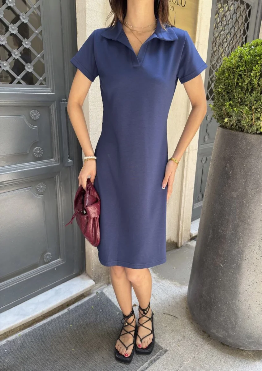 Osy Modal Yumuşak Dokulu Kumaş Yakalı Kısa Kollu Elbise - Mavi -