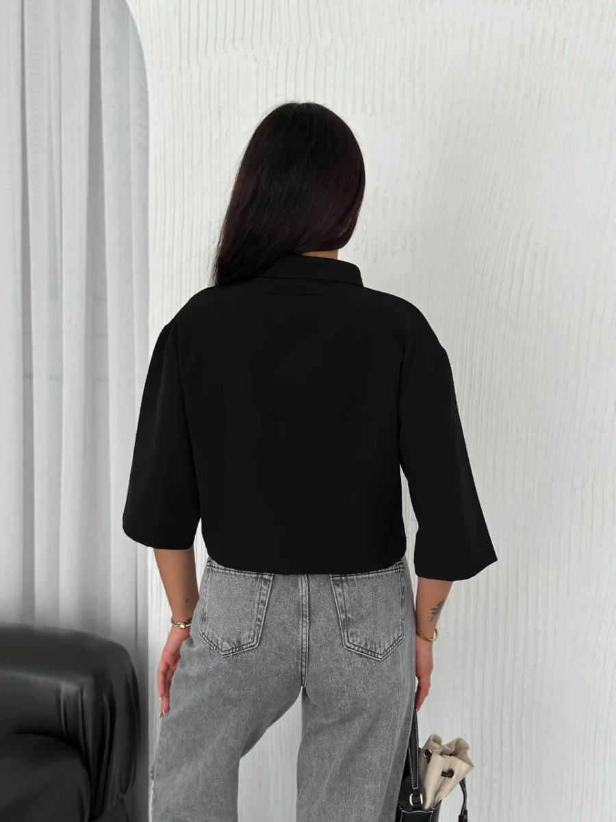 Z Krep   Crop Yakalı Gömlek İlik Düğmeli Üç Çeyrek Sleeve Kol - Siyah -