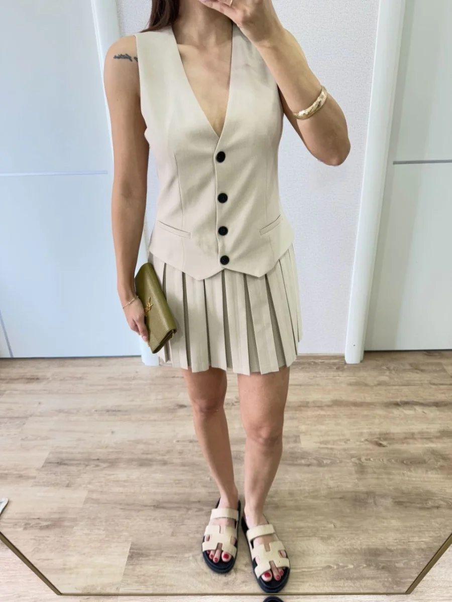 Keten Takım Görünümlü Düğme Detaylı Yelekli Mini Elbise - Bej -