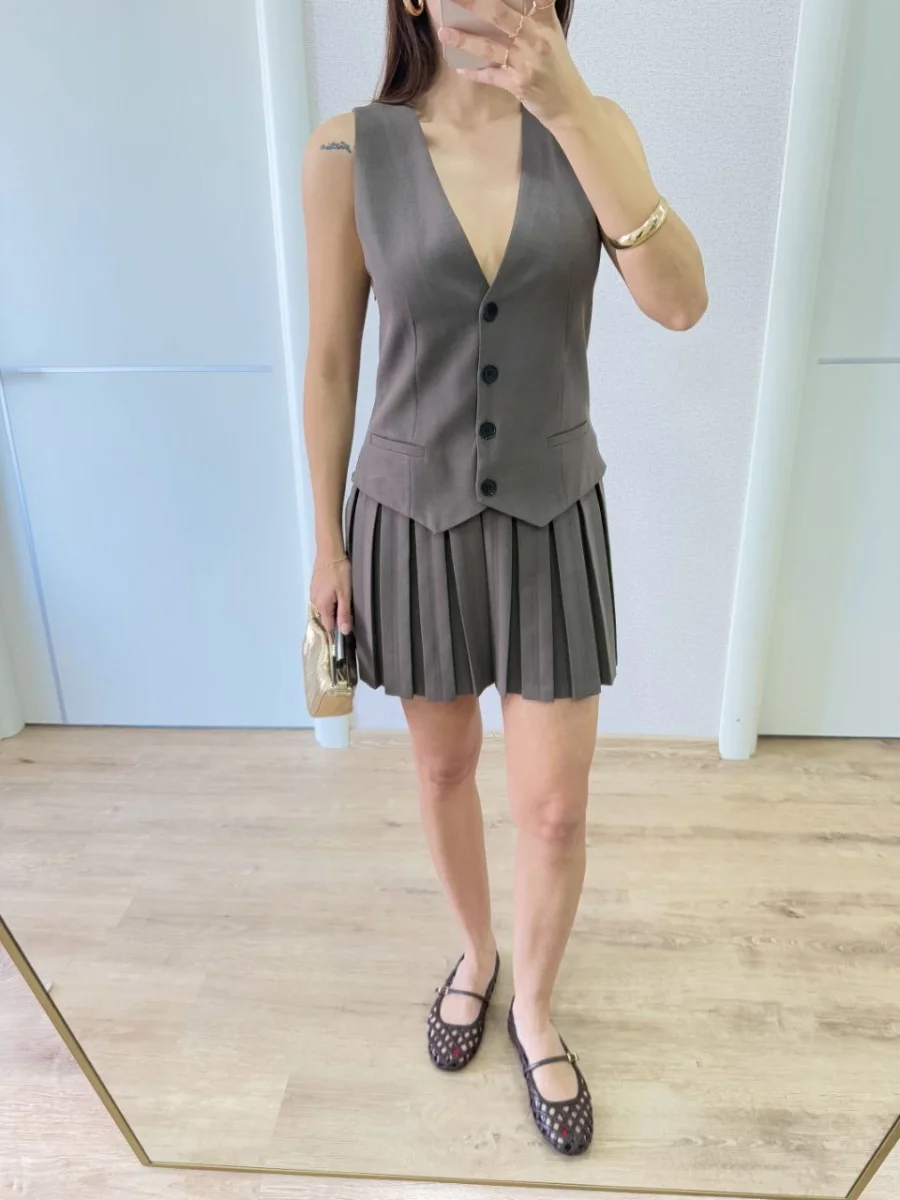 Keten Takım Görünümlü Düğme Detaylı Yelekli Mini Elbise - Füme -