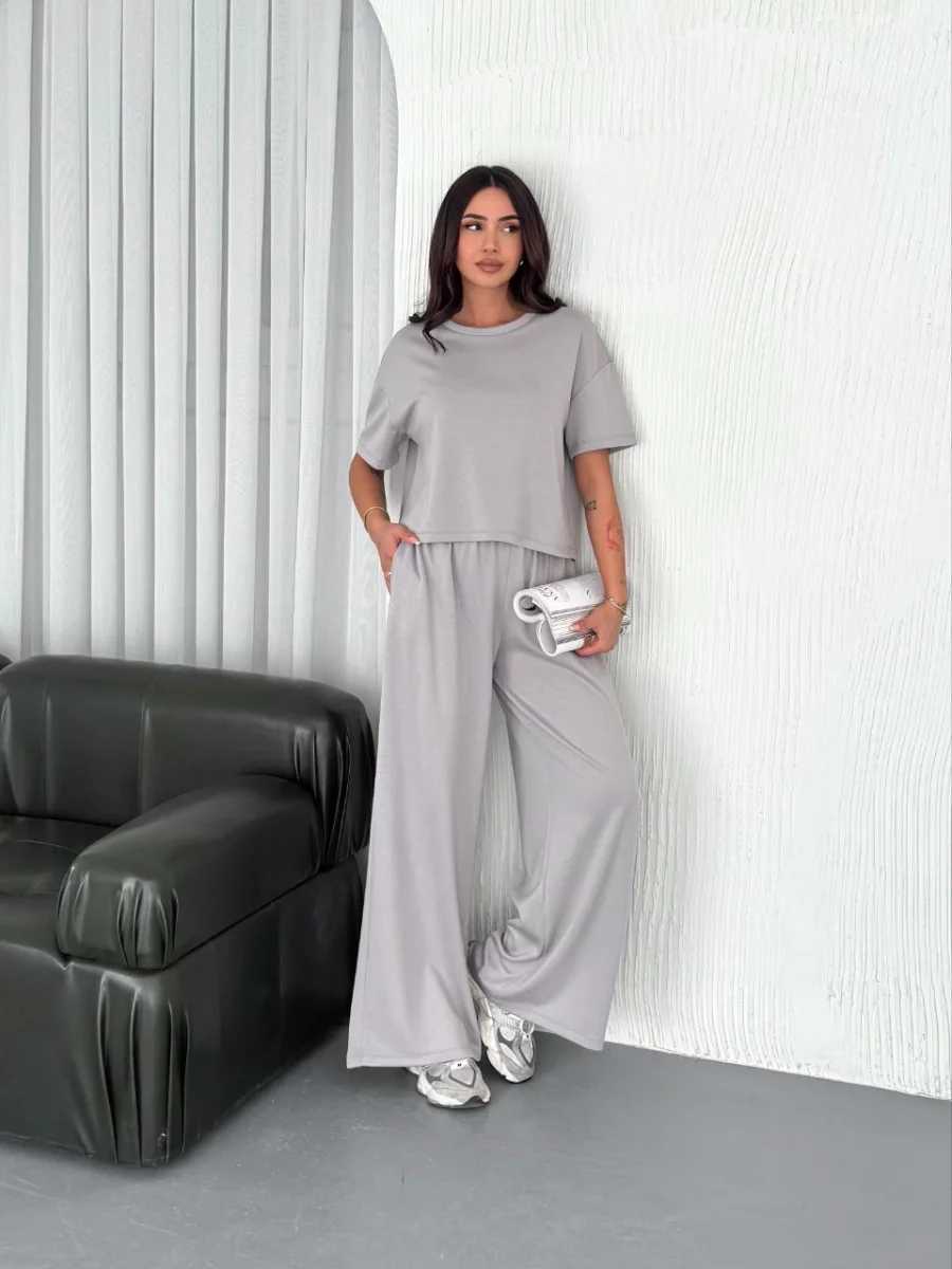 Osy Modal Yumuşak Dokulu Kumaş Bisiklet Yaka T-shirt Bol paça Pantalon ikili Takım - Boyalı Gri -