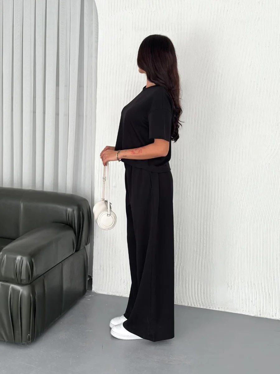 Osy Modal Yumuşak Dokulu Kumaş Bisiklet Yaka T-shirt Bol paça Pantalon ikili Takım -Siyah -