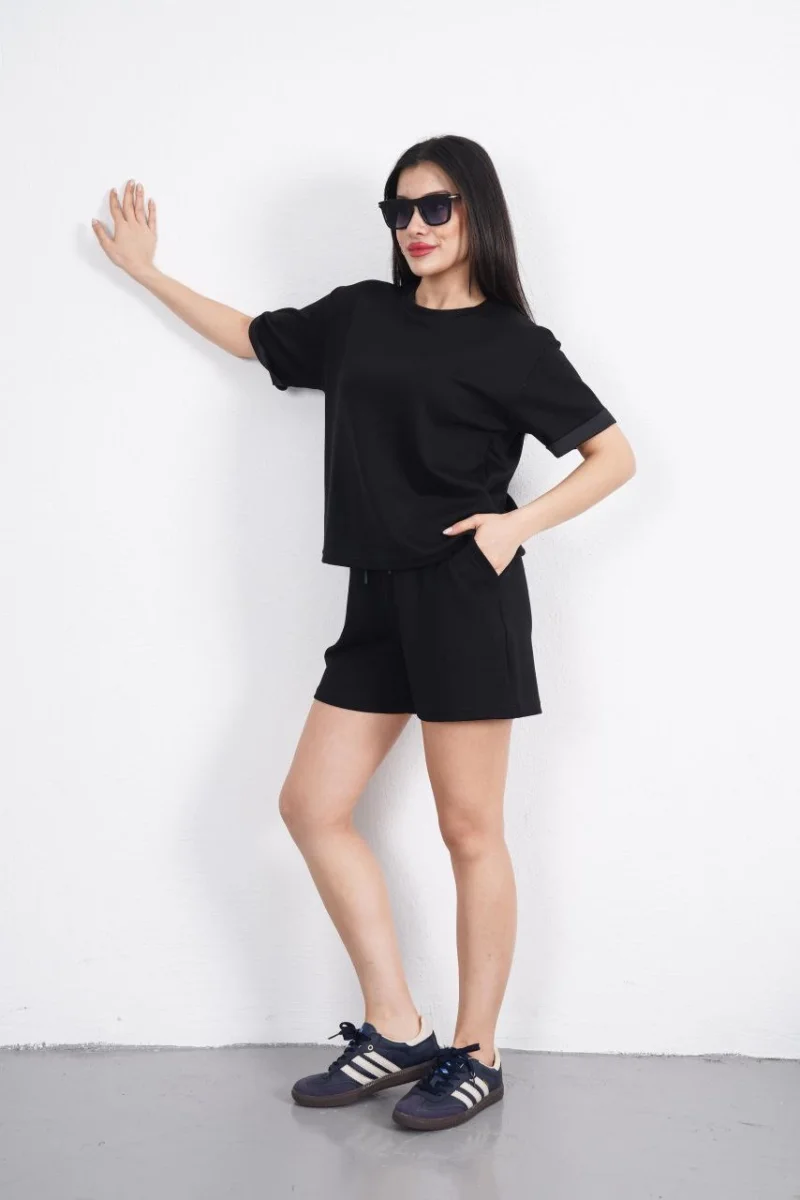 Osy Modal yumuşak dokulu Kumaş   Bisiklet Yaka T-shirt Kısa Şort İkili Takım - Siyah -