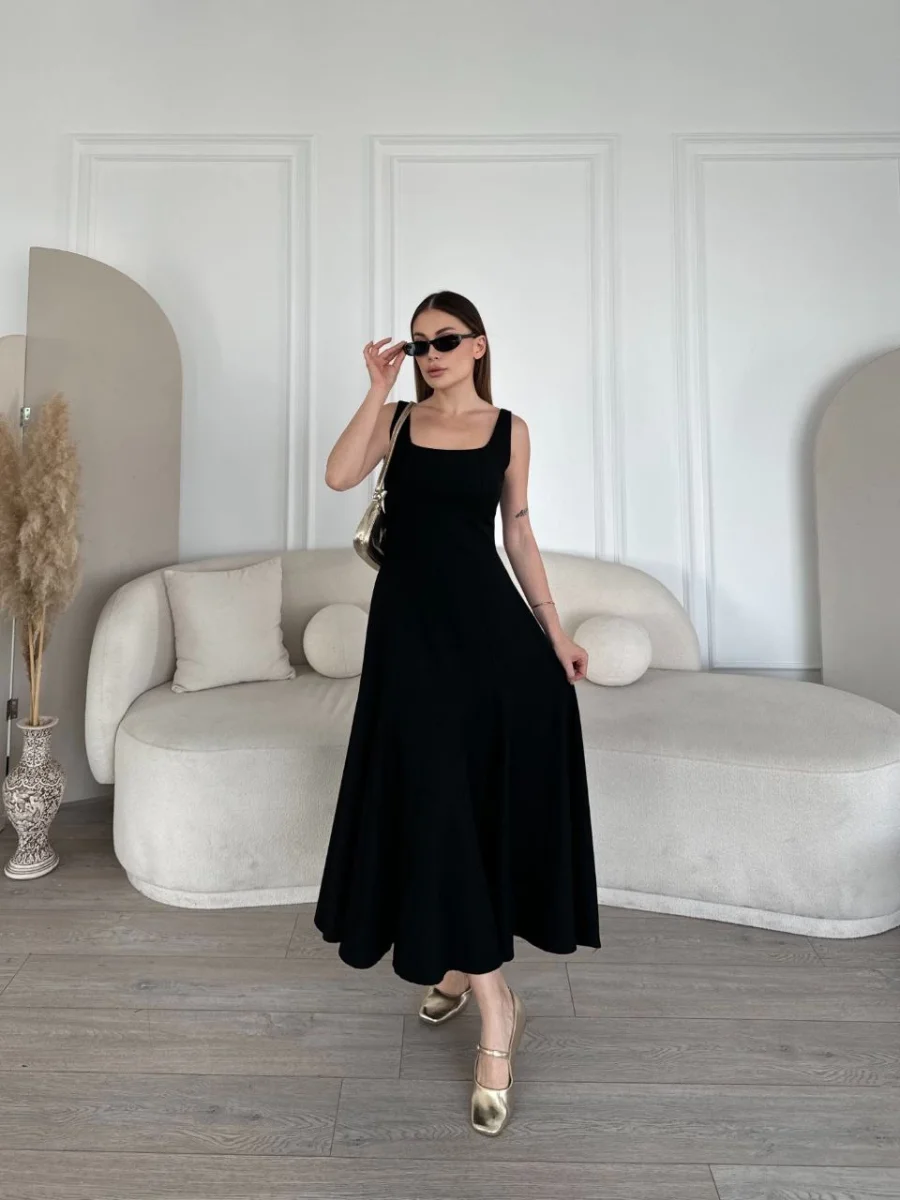 Sırt Dekolteli Kolsuz Uzun Elbise - Siyah -