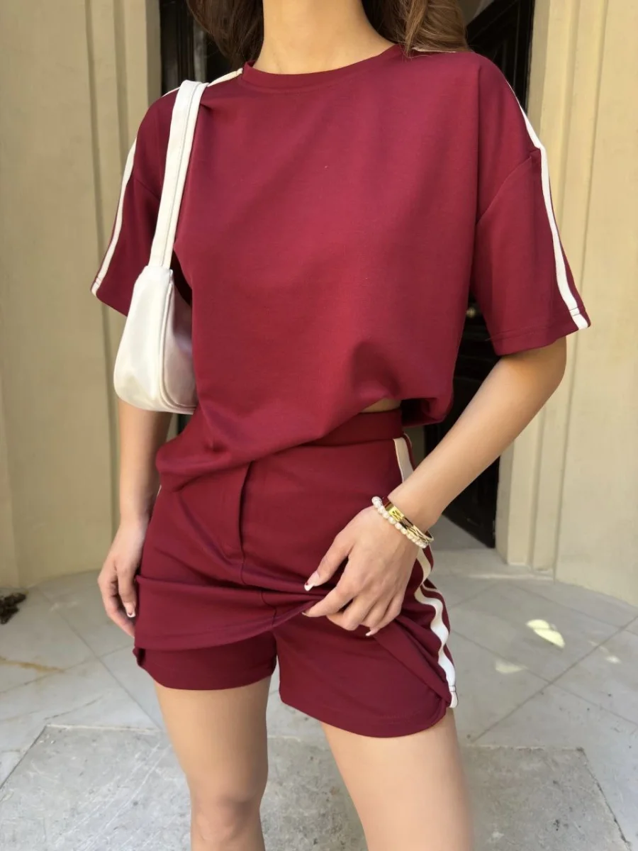 Osy Modal yumuşak dokulu Kumaş Mini Şortlu Etek İkili Takım -Bordo -