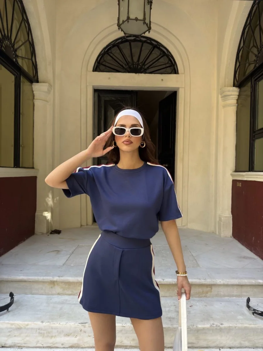 Osy Modal T-shirt Mini Şortlu Etek İkili Takım -Lacivert -