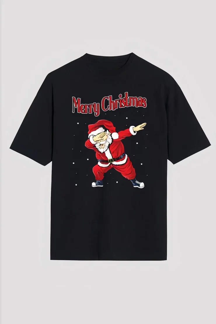 Merry Christmas Baskılı Noel Babalı T-shirt - Siyah -