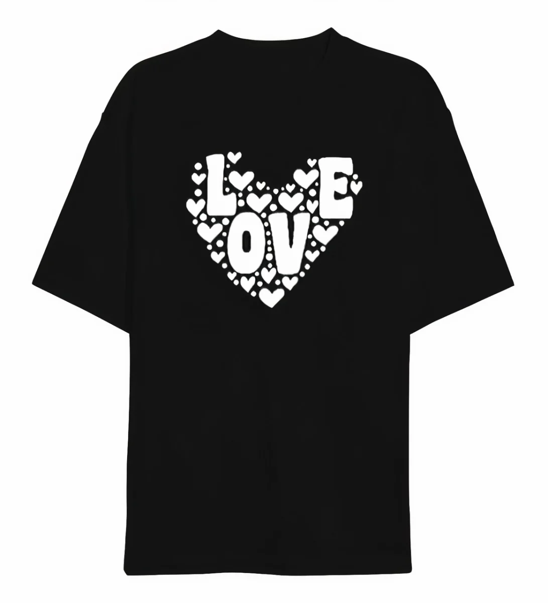 Sevgililer Günü İçin Özel Tasarım Love Kalp Baskılı T-shirt - Siyah -