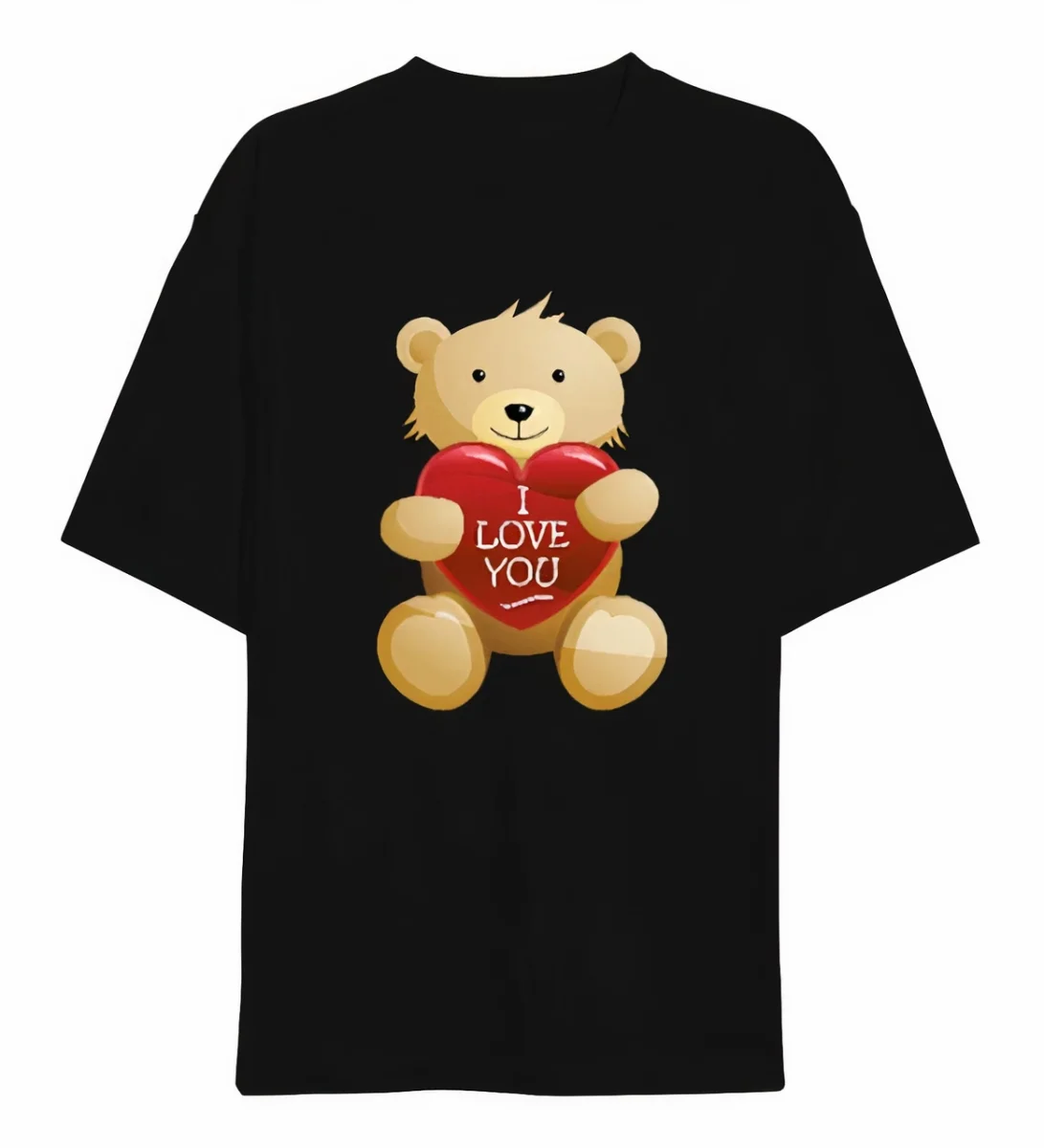 Sevgililer Günü İçin Özel Tasarım I Love You Ayı Baskılı T-shirt - Siyah -