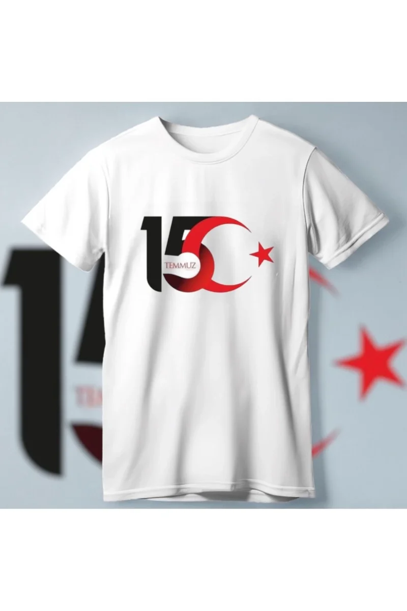 15 Temmuza Özel Tasarım Ay Yıldız Baskılı T-shirt - Beyaz -
