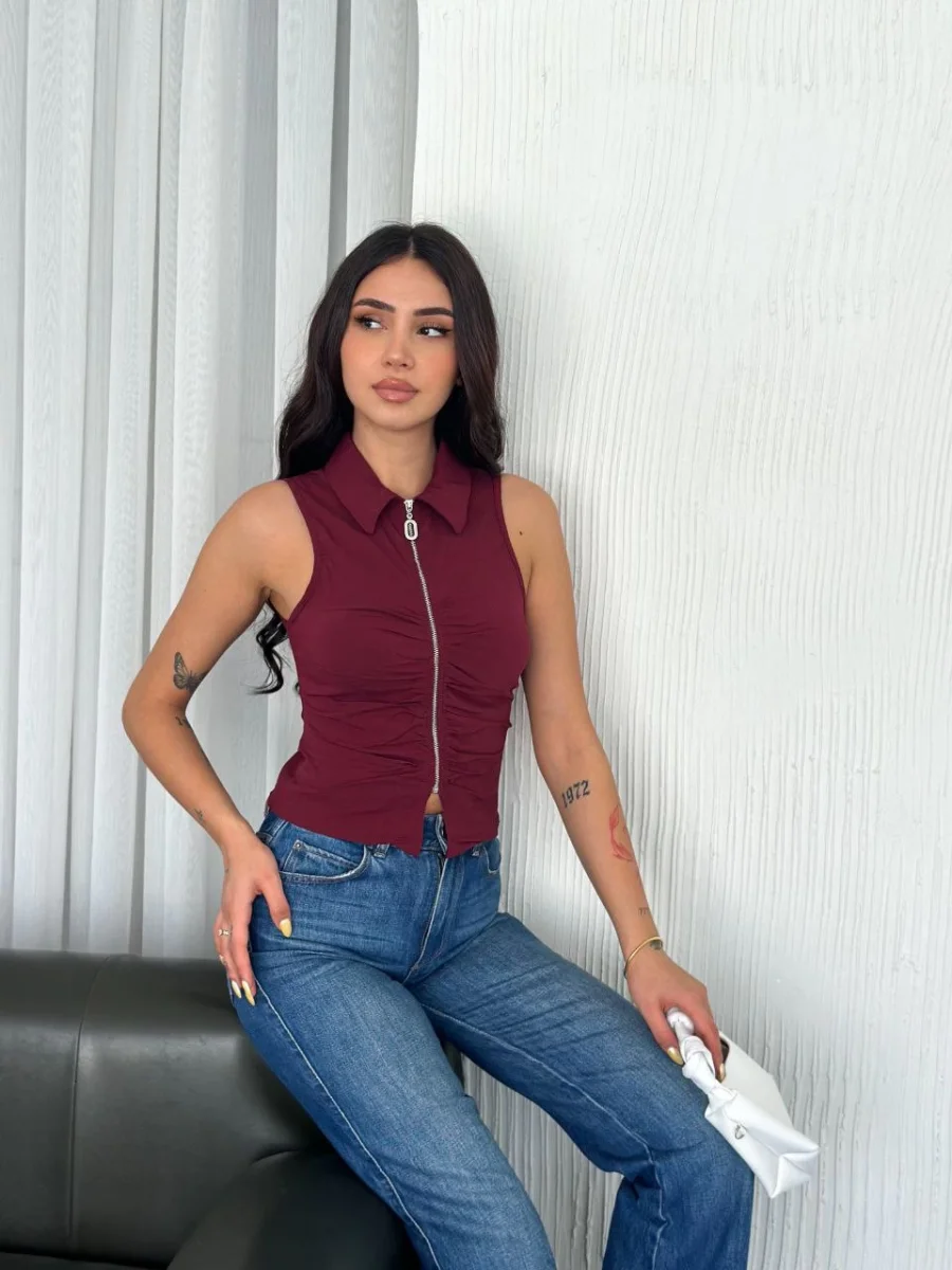 Yakalı Tam Fermuarlı Kolsuz Bluz - Bordo -