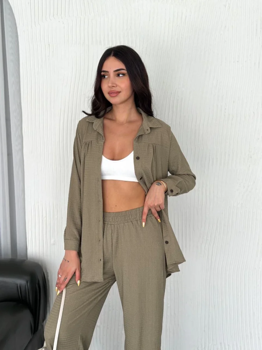 Yakalı Düğmeli Uzun Kollu Gömlek Pantolon ikili Takım - Bej -