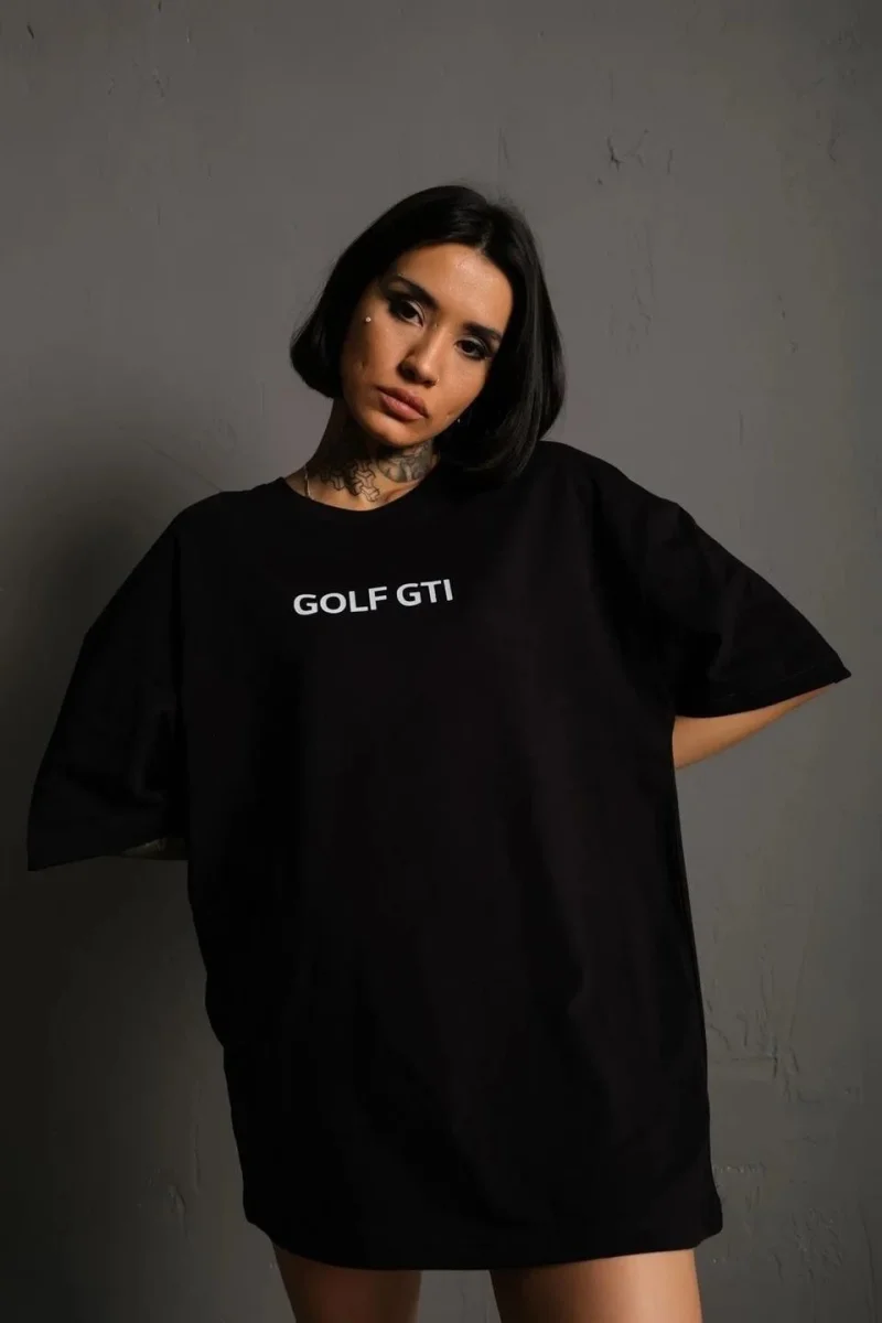 Oversize Baskılı Tişört – Golf GTI Retro Araba Desenli,  Siyah -