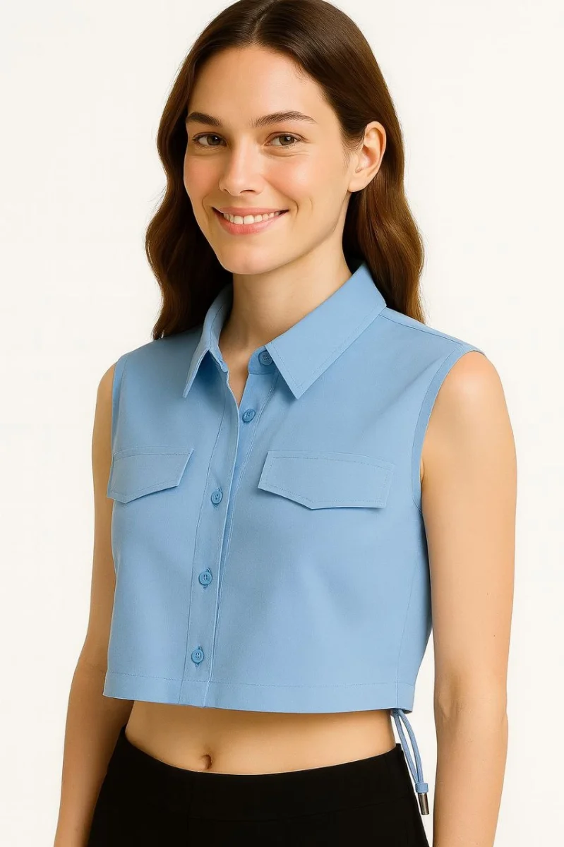 Crop Poplin Gömlek Yalancı Cepli, Ayarlanabilir Yan Kordonlu, - Bebe Mavisi -