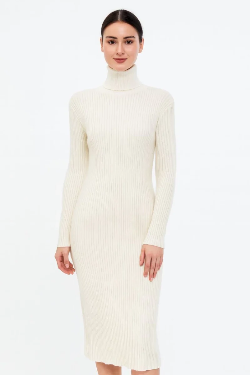 Boğazlı Triko Elbise - Beyaz -