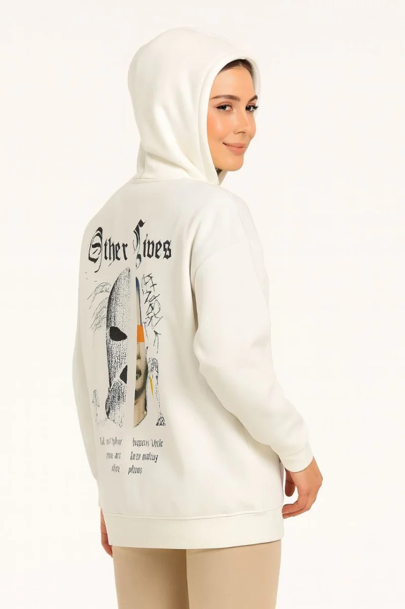 Kapşonlu Sweatshirt – Oversize “Other Lives” Ön  Arka Baskıl Beyaz -