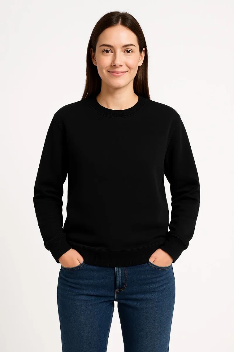Üç İplik Düz Bisiklet Yaka SweatShirt - Siyah -