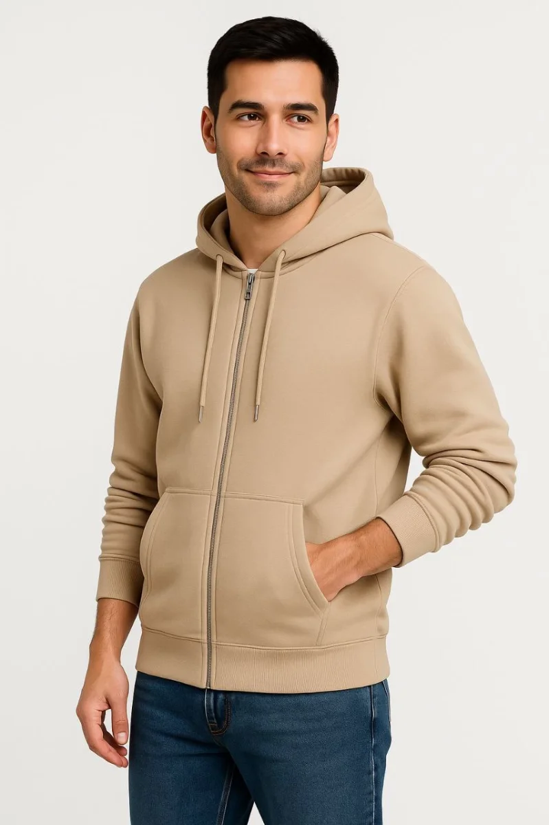 Üç İplik Kapüşonlu Tam Fermuarlı Kanguru Çepli SweatShirt Hoodie - Bej -