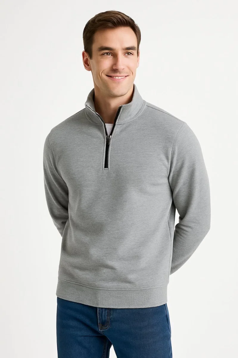 Dik Yaka Sweatshirt Dik Yaka Yarım Fermuarlı 3 İplik Şardonlu Pamuk Kumaş - Gri -