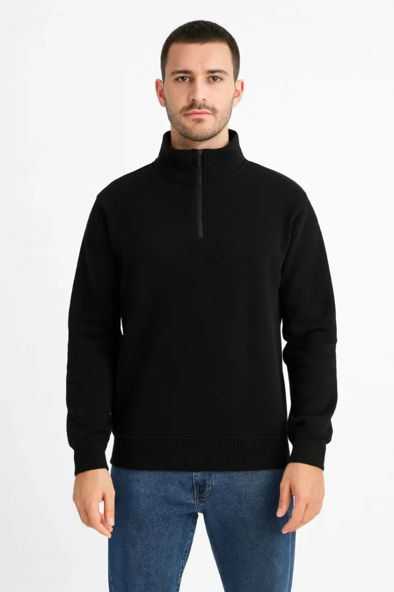 Dik Yaka Sweatshirt Dik Yaka Yarım Fermuarlı 3 İplik Şardonlu Pamuk Kumaş - Siyah -