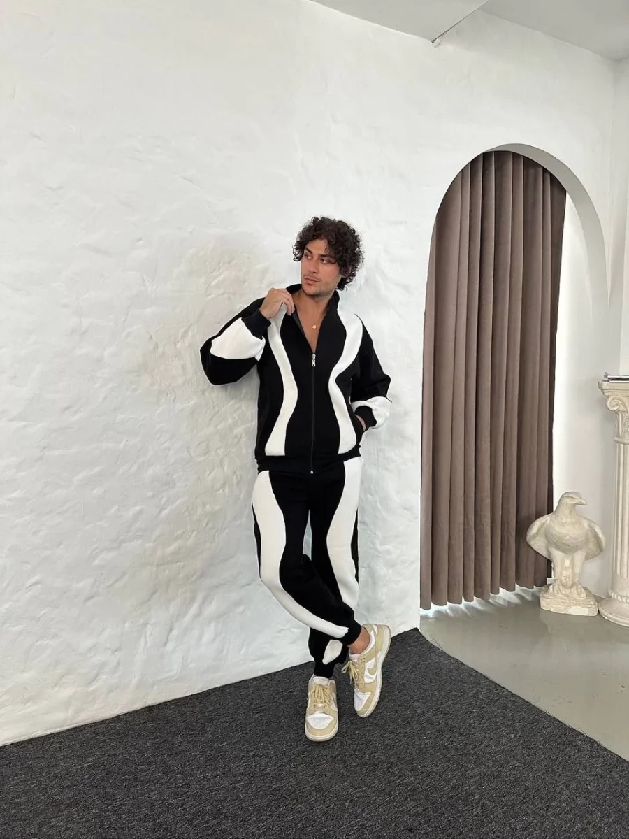 Premium Parçalı Eşofman Takım - Dik Yaka Fermuarlı Sweatshirt, - Siyah -