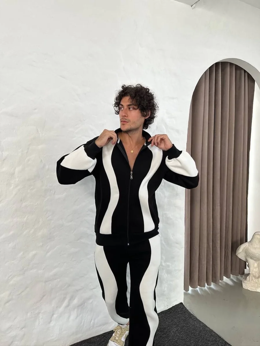 Premium Parçalı Eşofman Takım - Dik Yaka Fermuarlı Sweatshirt, - Siyah -