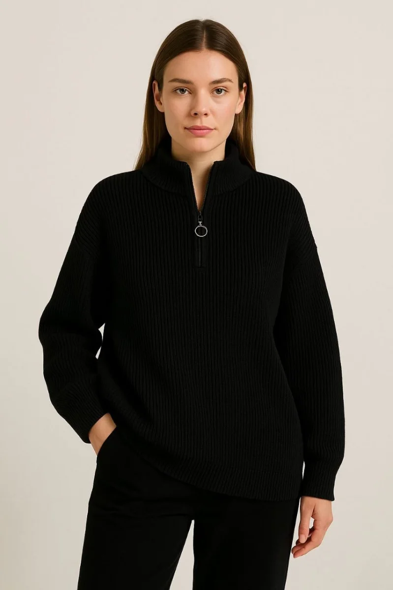 Yarım Fermuarlı Triko Kazak – Selanik Örgü -