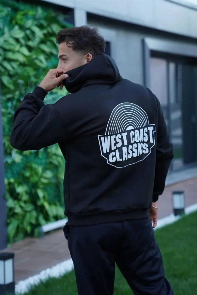 Oversize Kapüşonlu Sweatshirt – Siyah Sırt ve Ön Baskılı-Siyah -