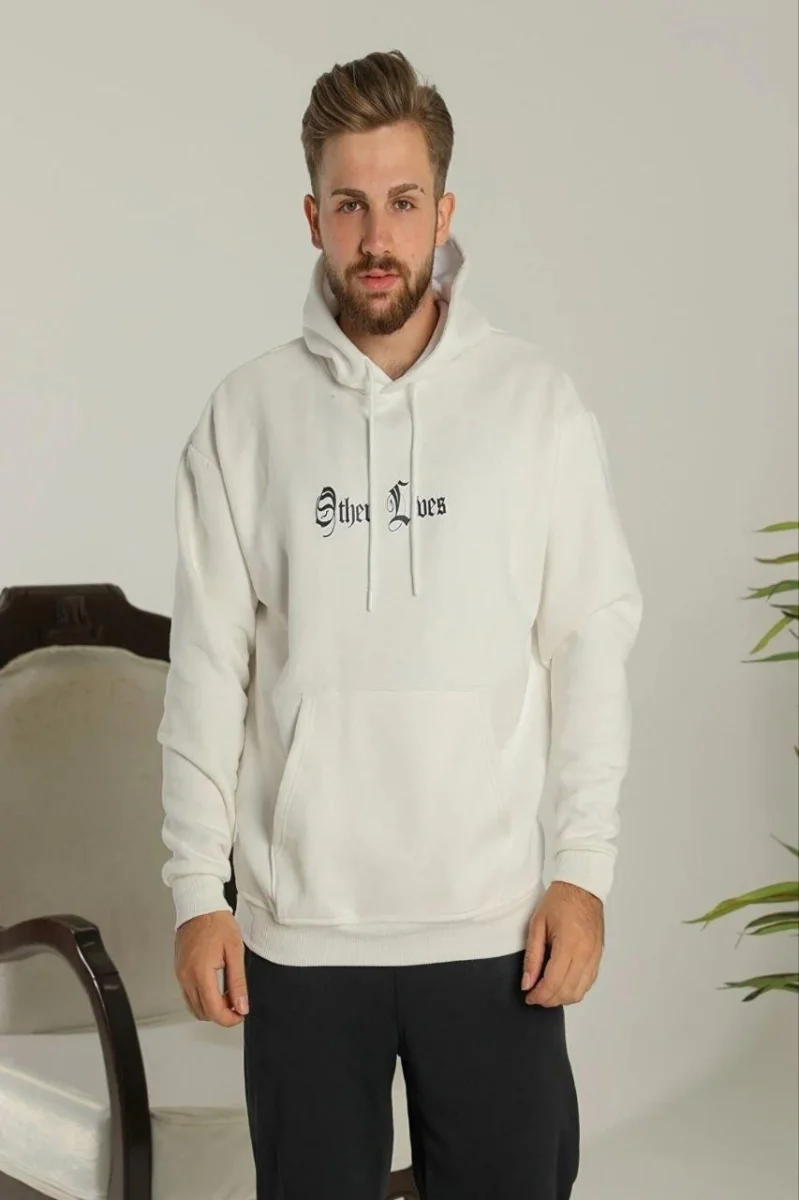 Oversize Kapüşonlu Sweatshirt – Beyaz “Other Lives” Ön ve Arka Baskılı Beyaz -