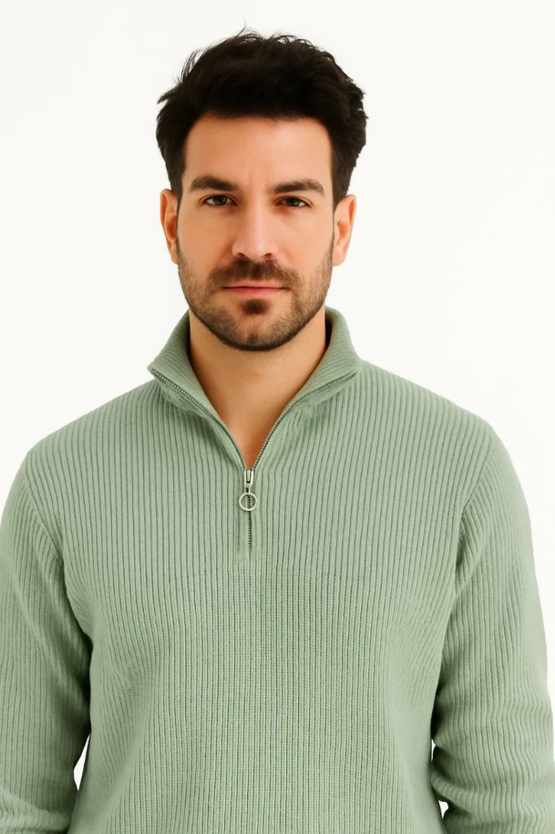 Yarım Fermuarlı Triko Kazak  Mint Yeşili -