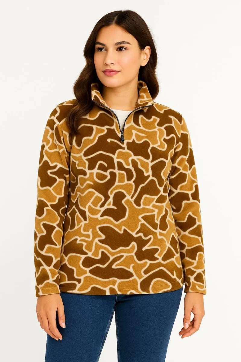 Yarım Fermuarlı Desenli Polar Sweat Yakalı, Uzun Kollu, Oversize Rahat Kalıp - Kahverengi -