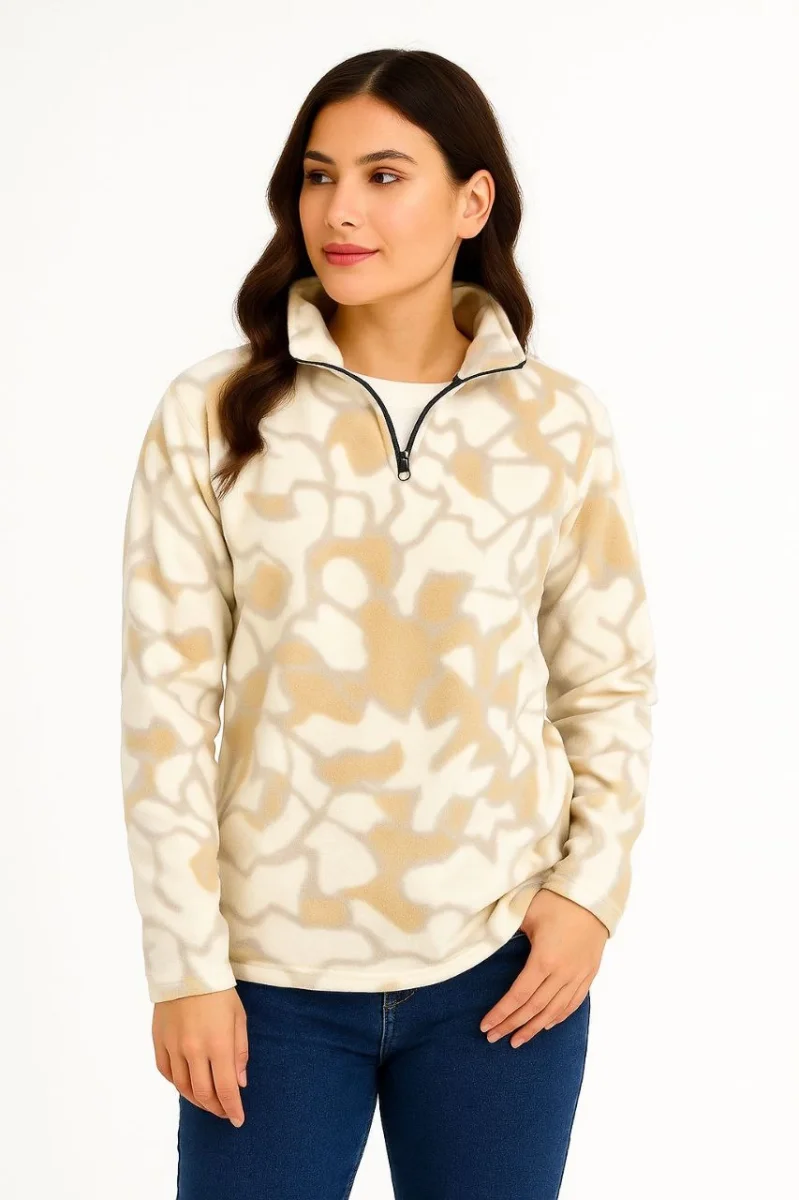 Yarım Fermuarlı Desenli Polar Sweat Yakalı, Uzun Kollu, Oversize Rahat Kalıp - Bej -