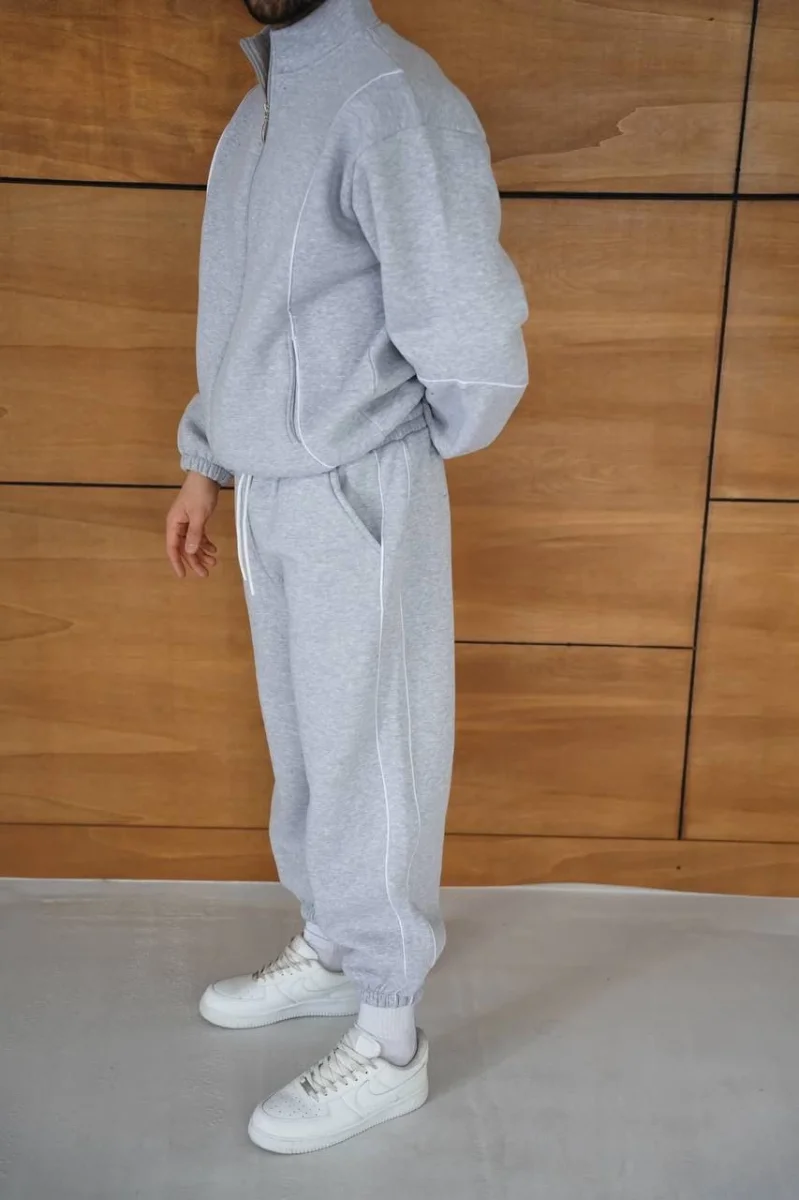 Premium Parçalı Eşofman Takım - Dik Yaka Fermuarlı Biyeli Sweatshirt Lastik Paça Alt, Oversize 3 iplik Şardonlu - Gri -