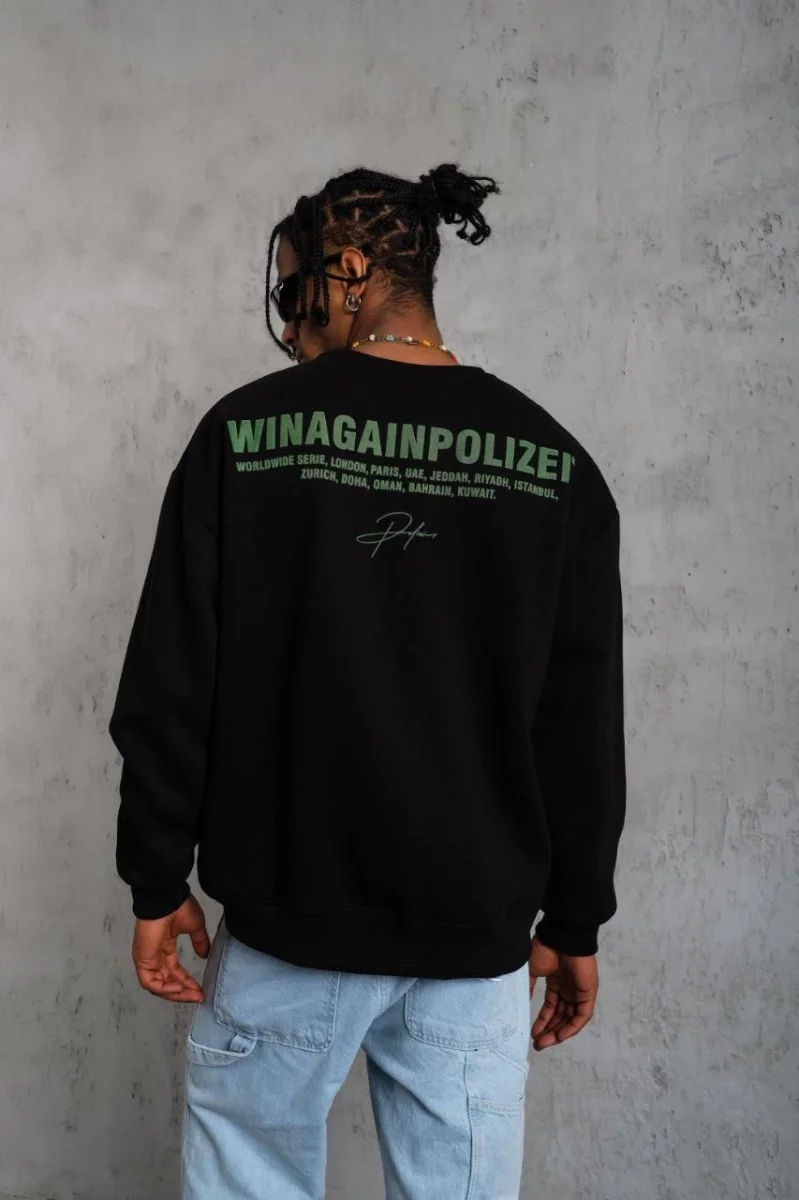 Oversize Sweatshirt – Siyah Renk | Ön ve Sırt Baskılı, Üç İplik İçi Pamuklu Kumaş, Rahat Kalıp, Ribanalı Kışlık Sweat | Winagain Polizei Serisi - Siyah