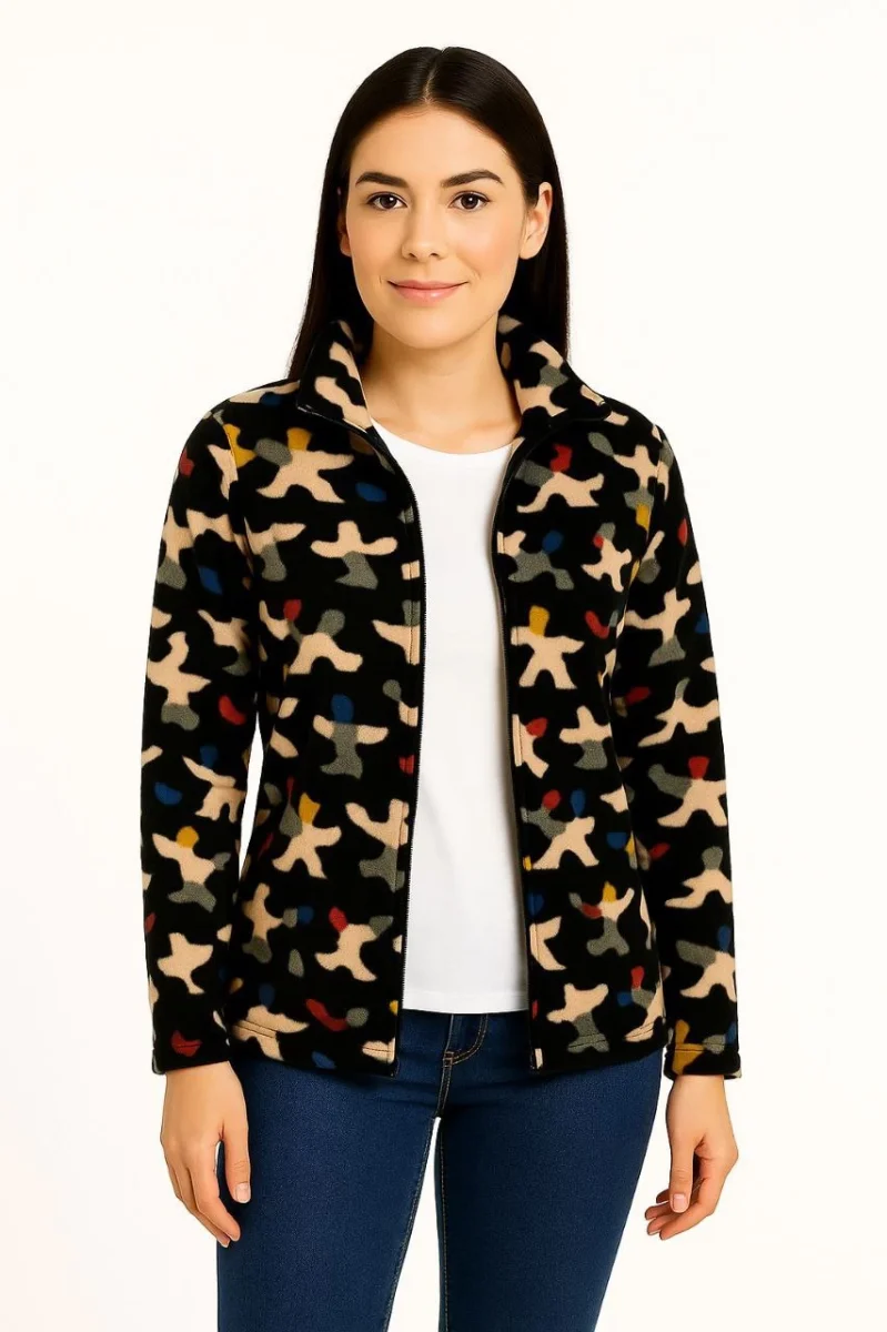 Tam Fermuarlı Desenli Polar Sweat – Siyah Multicolor Figür Desen Yakalı, Uzun Kollu, Oversize Rahat Kalıp - Siyah