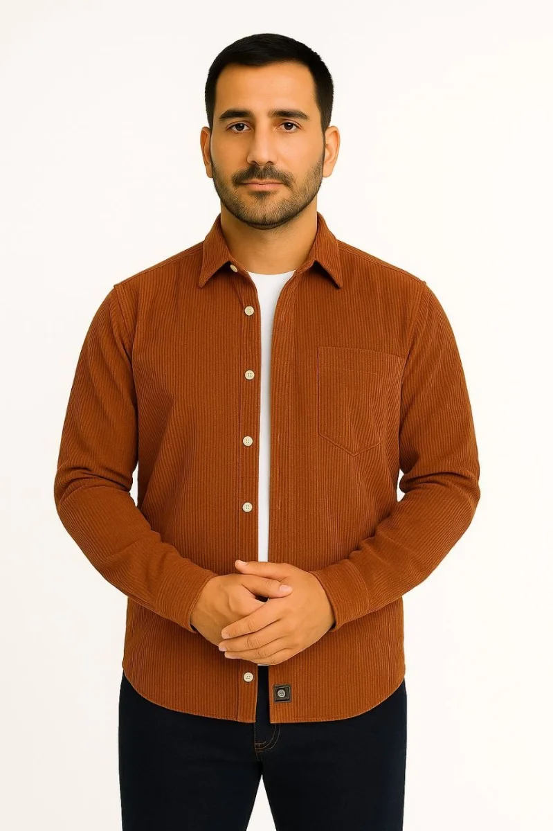 Fitilli Kadife Cepli Gömlek Oversize Rahat Kalıp - Kahverengi