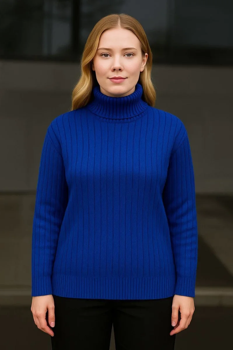 Balıkcı Yaka Bağazlı Triko Kazak Pamuklu Kalın Fitilli Dokuma - Saks Mavisi