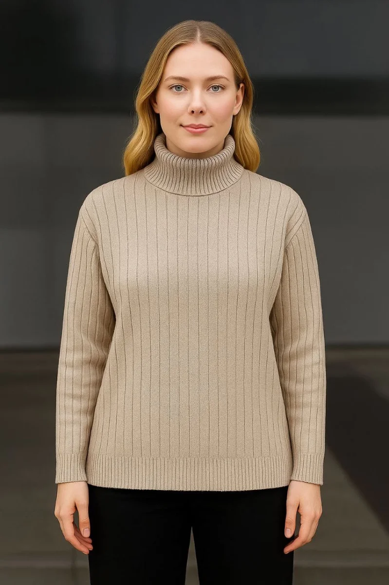 Balıkcı Yaka Bağazlı Triko Kazak Pamuklu Kalın Fitilli Dokuma - Bej