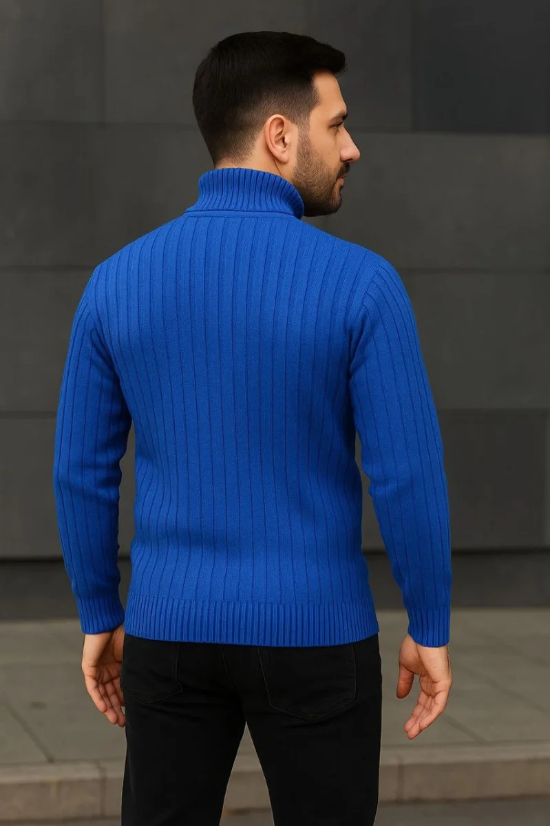Balıkcı Yaka Bağazlı Triko Kazak Pamuklu Kalın Fitilli Dokuma, Regular Fit Uzun Kollu Kışlık Model - Saks Mavisi