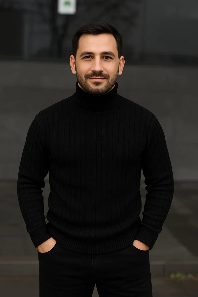 Balıkcı Yaka Bağazlı Triko Kazak Pamuklu Kalın Fitilli Dokuma, Regular- Siyah