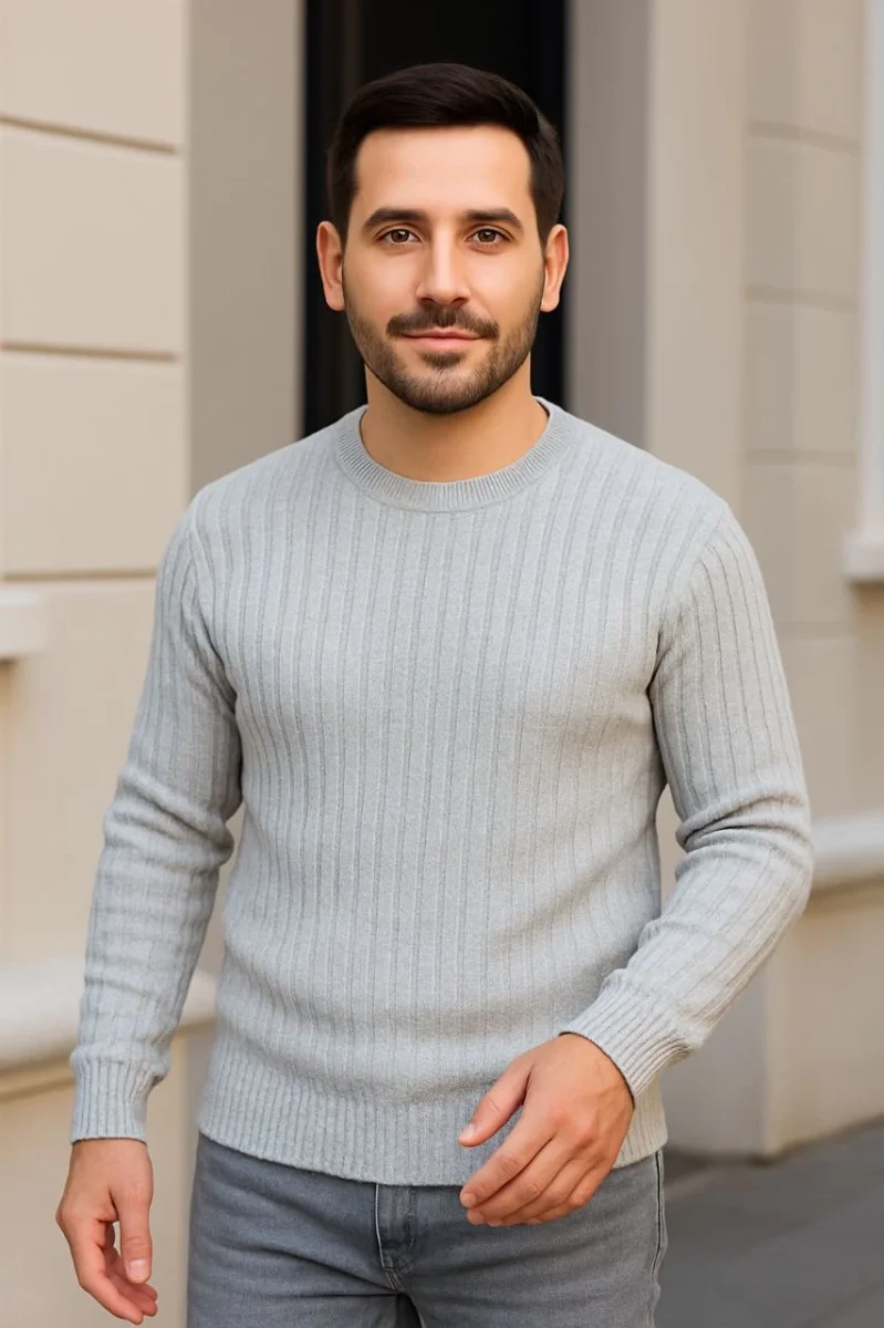 Bisiklet Yuvarlak Yaka Triko Kazak Pamuklu Kalın Fitilli Dokuma, Regular Fit Uzun Kollu Kışlık Model - Gri