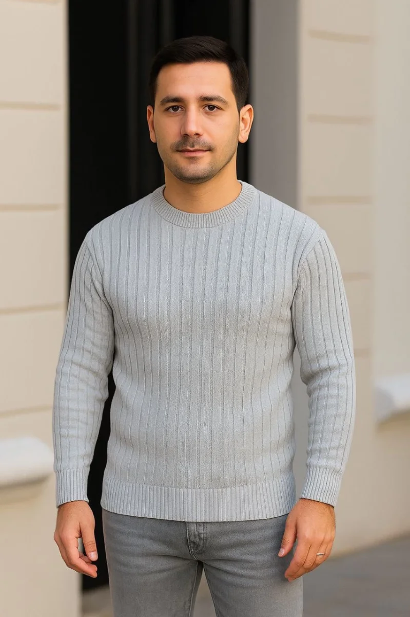 Bisiklet Yuvarlak Yaka Triko Kazak Pamuklu Kalın Fitilli Dokuma, Regular Fit Uzun Kollu Kışlık Model - Gri